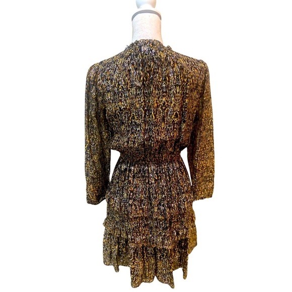Ba&sh glen mini dress tiered skirt silk blend metallic long sleeve leaf print xs - Picture 11 of 15